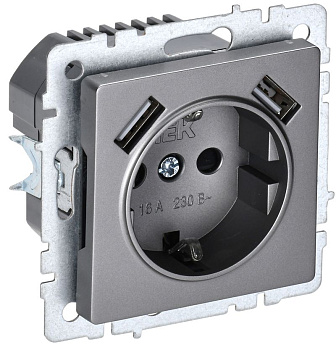 BRITE Роз. с з/к/ш 16А с USB A+A 3,1А РЮш10-2-БрС сталь IEK