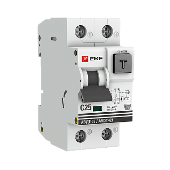 Дифференциальный автомат АВДТ-63 25А/30мА (характеристика C, эл-мех, тип АС) 6кА EKF PROxima Дифференциальный автомат АВДТ-63 25А/30мА (характеристика C, эл-мех, тип АС) 6кА EKF PROxima