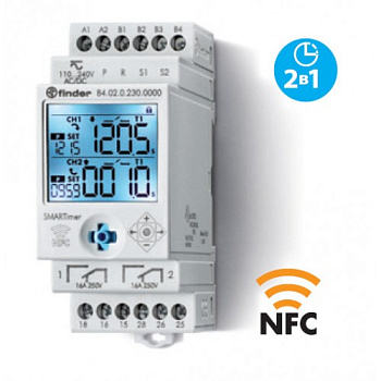 Электронный таймер мультифункциональный (25 функций); 2 независимых канала 1CO (16A) + 1CO (16A);  питание 110…240В АС/DC; дисплей с подсветкой; два режима программирования: NFC или классический; регулировка времени от 0.1с. до 9999ч.