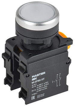 Кнопка с фиксацией d=22мм 1NO+1NC белая MASTER IEK Кнопка с фиксацией d=22мм 1NO+1NC белая MASTER IEK