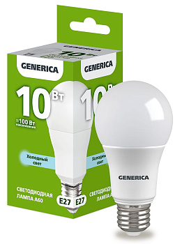 Лампа LED A60 груша 10Вт 230В 6500К E27 GENERICA